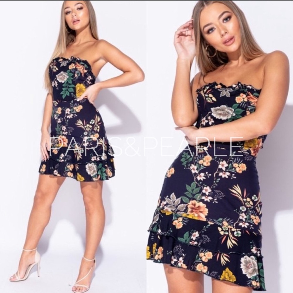 Vacation Destination Navy Floral Strapless Dress